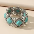 Vintage silver stretch bracelet with turquoise resin stones, stylish retro design for women. - HY034 Style / Blue