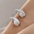 Silver irregular drop stud earrings, minimalist chic metallic jewelry for women daily wear. - Irregular Fluid Teardrop Style (A24-125R)