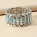 Silver vintage stretch bracelet with turquoise resin stones, bohemian chunky fashion jewelry. - AMY679 Style / Blue
