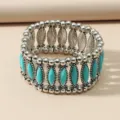 Vintage turquoise resin marquise stretch bracelet boho silver tone wide bangle jewelry - HY035 Style / Blue