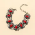 Retro silver-tone bracelet with red marquise resin stones, stylish vintage fashion wrist jewelry. - HY172 Style / Red