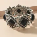 Bracelet extensible argenté vintage avec incrustation de résine noire bijou tendance - Style HY034 / Noir