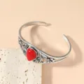 Bracelet manchette argenté vintage avec pierre résine rouge, bijoux rétro sculptés. - Style HY1992 / Rouge