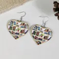 Charming heart wooden bookshelf drop earrings with detailed book print and fishhook design. - Heart Style (A23-912)