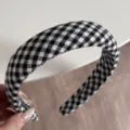 Black and white gingham headband detail, fabric wrapped hair accessory for daily wear. - Wide Headband / Black
