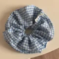 Blue white gingham hair scrunchie detail, cute plaid fluffy hair tie for daily wear. - Scrunchie / Blue
