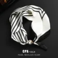Pañuelo de seda a rayas blancas y negras con elegante hebilla de perla para mujeres. - Rayado-Blanco