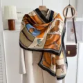 Bufanda azul de algodón, lino y seda, elegante chal vintage con estampado de caballos para mujer. - Carro Europeo-Naranja