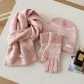 Invierno rosa punto gorro bufanda guantes conjunto, gruesa cálida lana regalo festivo para parejas - Rosa