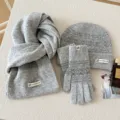Conjunto de invierno tres piezas gorro bufanda y guantes de punto gris cálido grueso - Gris