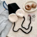 Black and beige plush knitted earmuffs with long ties, cozy winter warm ear warmer. - Black
