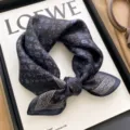 Vintage blue silk square scarf, elegant calligraphy print lightweight neckerchief for women. - Chibi Fu