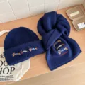 Conjunto de gorro y bufanda de punto azul con bordado de perro tierno moda de invierno - Azul Marino