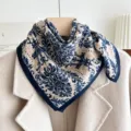 Blue vintage damask square silk scarf, elegant retro neck scarf for women and girls daily wear. - Luoyang Peony - Blue