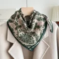 Vintage green printed square scarf, elegant neckerchief for women, chic British style accessory. - Luoyang Peony - Green
