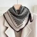 Retro geometric print cotton linen square scarf women small neckerchief hair band 70cm - Gem Eye - Camel