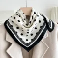 Classic black and white polka dot silk square scarf, elegant neckerchief for women. - Border Polka Dot - White