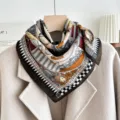 Vintage print silk square scarf for women, elegant neckerchief and retro stylish accessory. - Clover Castle - Coffee