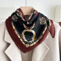 Elegance silk square scarf with classic equestrian chain print retro vintage neckerchief. - Black and Red Saddle Gem