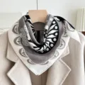 Chic black and white geometric print small square scarf, elegant neck wrap for women daily wear. - Japanese Palace - Gray White
