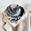 Blue and white floral print silk scarf, elegant square scarf for women's stylish neck wear. - Japanese Palace - Blue White