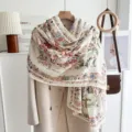 Spring autumn floral cotton linen scarf women elegant vintage shawl lightweight beach wrap - Flower Sea Flying Birds-Pink Flowers