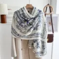 Blue floral cotton linen scarf women elegant spring autumn shawl beach wrap fashion versatile - Flower Sea Flying Birds-Blue Flowers