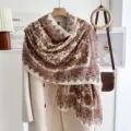 Elegant paisley print scarf shawl, vintage beige cotton linen thin wrap for women. - South American Mural-Coffee Beige