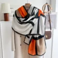 Geometric color block scarf for women, stylish oversized shawl, elegant autumn winter warm wrap. - Fine Stripe Large Grid-Orange Beige