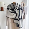 Women's geometric print lightweight scarf stylish spring autumn fashion versatile travel shawl wrap - Fine Stripe Large Grid-Black Beige