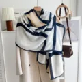 Blue geometric cotton linen scarf, elegant thin shawl for women spring autumn travel photo beach. - Fine Stripe Large Grid-Blue Beige
