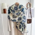 Blue floral cotton linen scarf women spring autumn lightweight shawl stylish beach wrap - Dandelion-Blue Beige