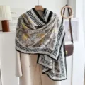 Spring Autumn Thin Scarf Women Elegant Houndstooth Paisley Shawl Travel Photo Beach Scarf - Floral Grid Paisley-Black Beige