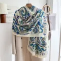 Blue cotton linen paisley scarf shawl for women, lightweight spring autumn fashion neck wrap. - Pod Paisley-Blue Beige