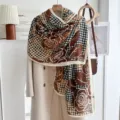 Elegant brown houndstooth and rose print scarf for women, lightweight spring autumn shawl. - Rose Houndstooth-Black Coffee