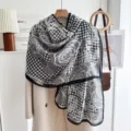 Black and white houndstooth large rose print scarf, lightweight spring autumn fashion shawl. - Rose Houndstooth-Gray White