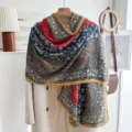 Women's blue paisley print cotton silk scarf, lightweight vintage shawl for spring travel. - Spliced Paisley-Blue Red