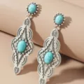 Bohemian vintage turquoise long drop earrings for women elegant ethnic alloy jewelry style - Long Carved Geometric Turquoise Style (HY523B)