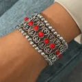 Vintage silver wide cuff bracelet with red stones boho ethnic style jewelry for women - Multi-layer Wide Red Style (HY158R)