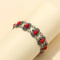 Ethnic style antique silver red stone double chain bracelet for women summer bohemian jewelry - Double Row Red Style (HY172R)
