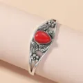 Vintage ethnic style silver cuff bracelet with red stone leaf carved alloy jewelry accessory - Carved Floral Red Style (HY1992)