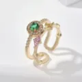 Gold-plated open multi-band ring featuring green, pink, and yellow cubic zirconia stones. - Multicolor Irregular Micro Inlaid Layered Style (D23-079)