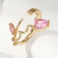 Adjustable copper pink cubic zirconia ring featuring asymmetric heart and wave design for women. - Pink Marquise Heart Wavy Line Style (D23-072)