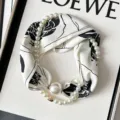 White pearl necklace with black and white floral silk scarf magnetic clasp fashion neckerchief for women - Ink Camellia with Pearl Clasp - Black and White