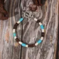 Vintage bohemian turquoise and wood bead bracelet with toggle clasp for daily retro jewelry. - Turquoise Coconut Shell Patchwork Style (B23-286)