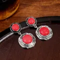 Vintage Red Stone Drop Earrings Ethnic Style Silver Plated Geometric Dangle Earrings - Double Loop Vintage Red Stone Style (A23-844)