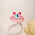 Cute pink cartoon monster open ring with blue cat-eye stone, trendy dopamine fashion jewelry. - Pink Little Monster (D23-142) / Adjustable Open / Pink