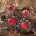 Boho red stone flower drop earrings detail shot vintage silver tone jewelry piece - Sun Flower Red Stone Style (A23-731A)