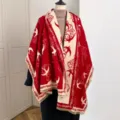 Vrouwen winter dikke warme franjes zwaluw patroon sjaal elegante dubbelzijdige rode cape - Rood en Beige