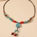 Boho ethnic style ceramic beaded necklace with colorful stones and brown cord choker jewelry. - Colorful Gravel Style (HY1454)